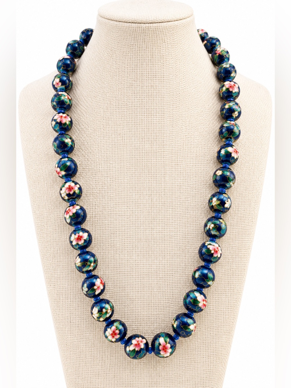 Vintage Chinese Export Hand-Painted Enamel Floral Bead Necklace 24”